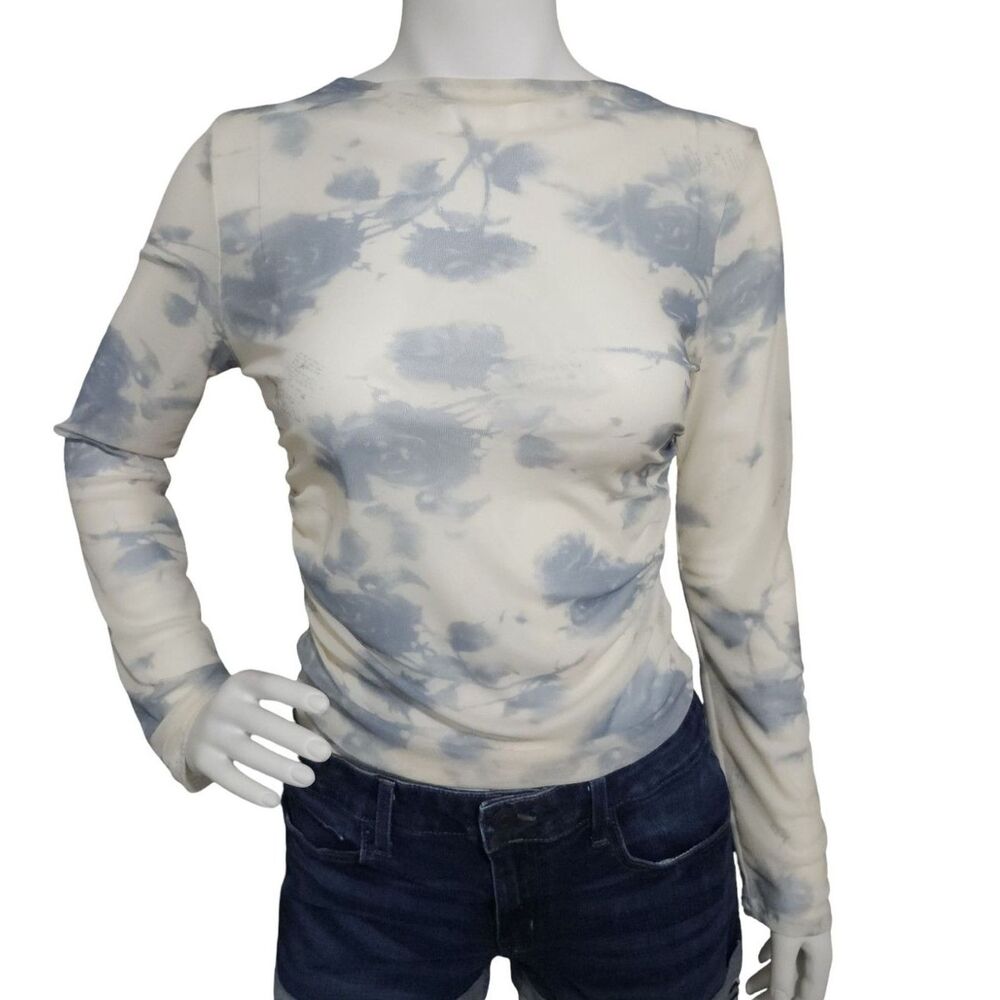 Dazy Less Shein Pale Blue & White Floral Mesh Long Sleeve Top